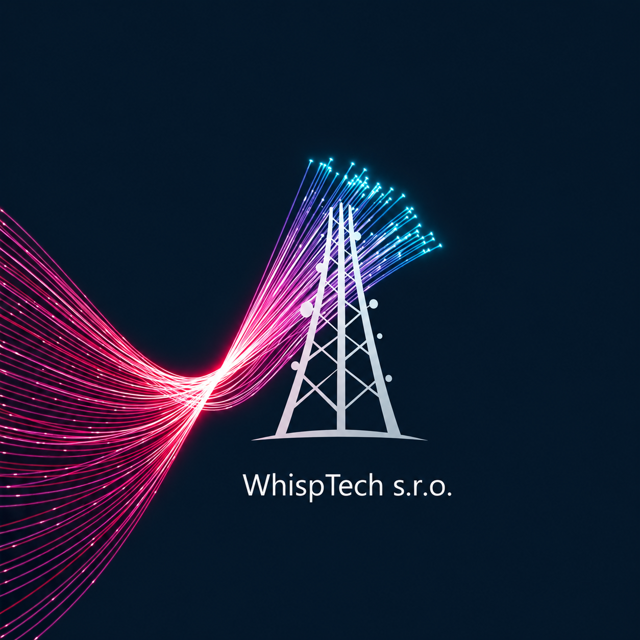 Firemná grafika WhispTech: telekomunikačný stožiar prepojený svetelnými optickými vláknami